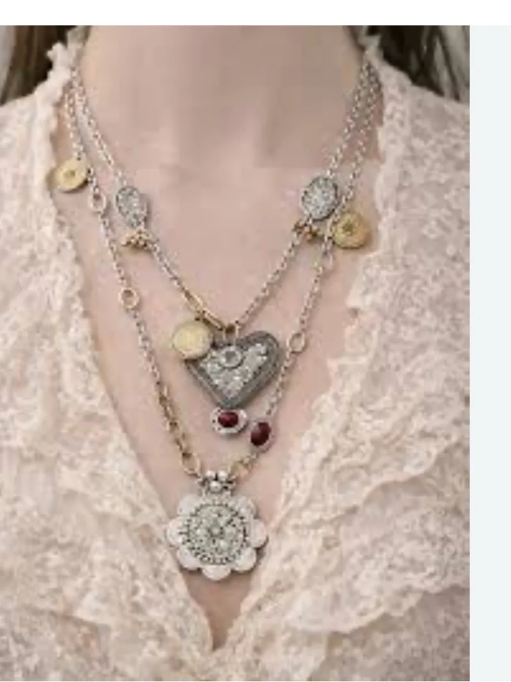 Layered Heart and Floral Pendant Necklace in Gold and Silver - Picture 1 of 5